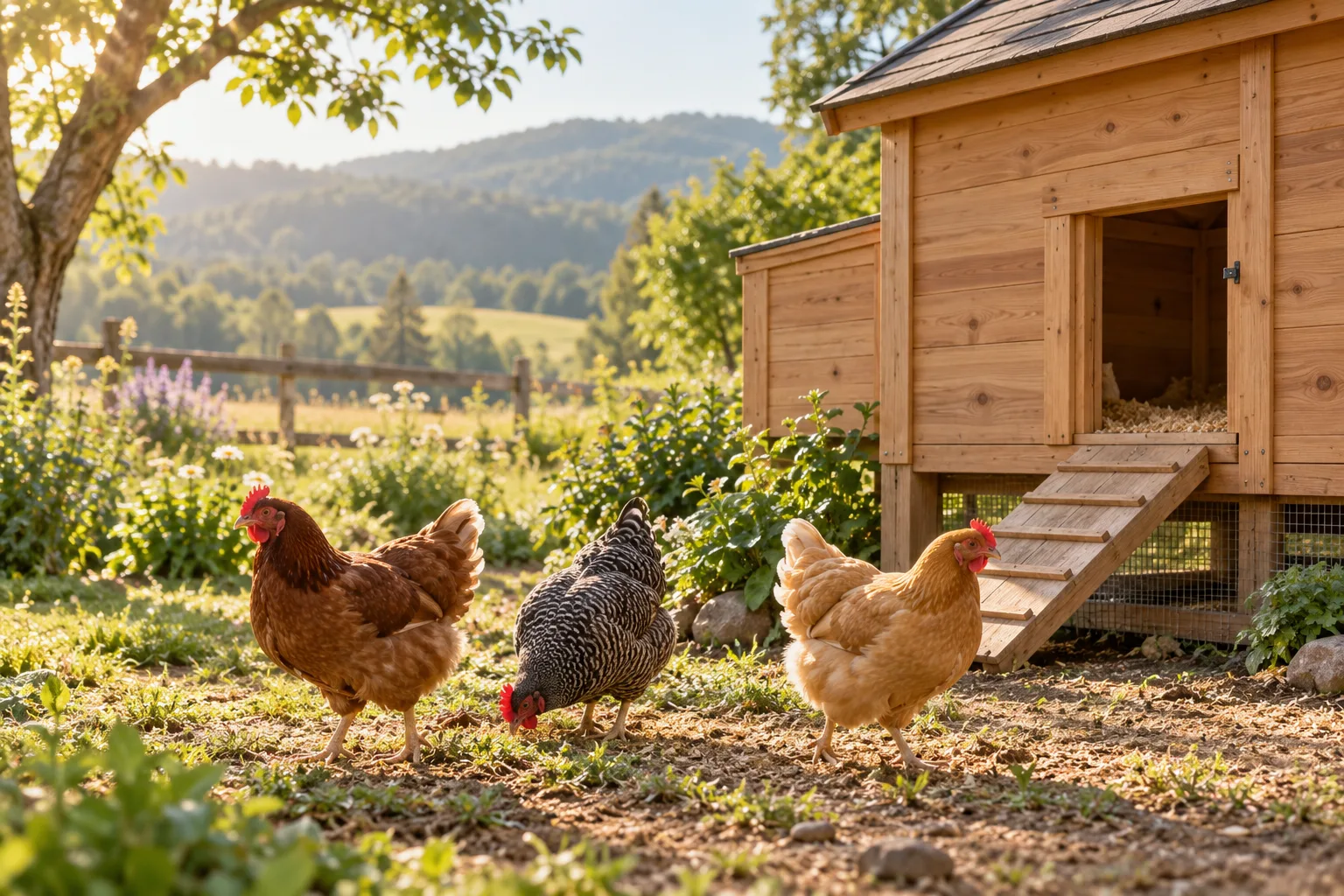 Original illustrative garden scene with a cedar coop and hens; not a photograph of a listed automatic door.